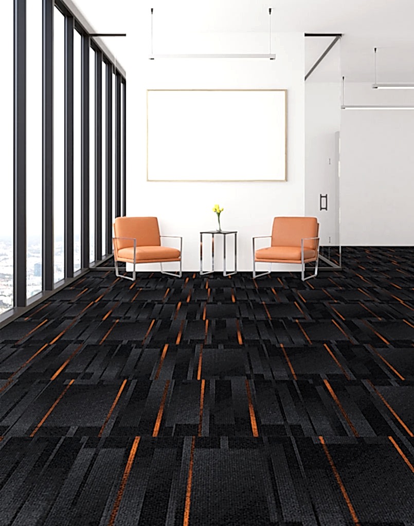 Antrasit desenli karo halı Pasteur 15 zemini olduğundan daha uzun gösterir.