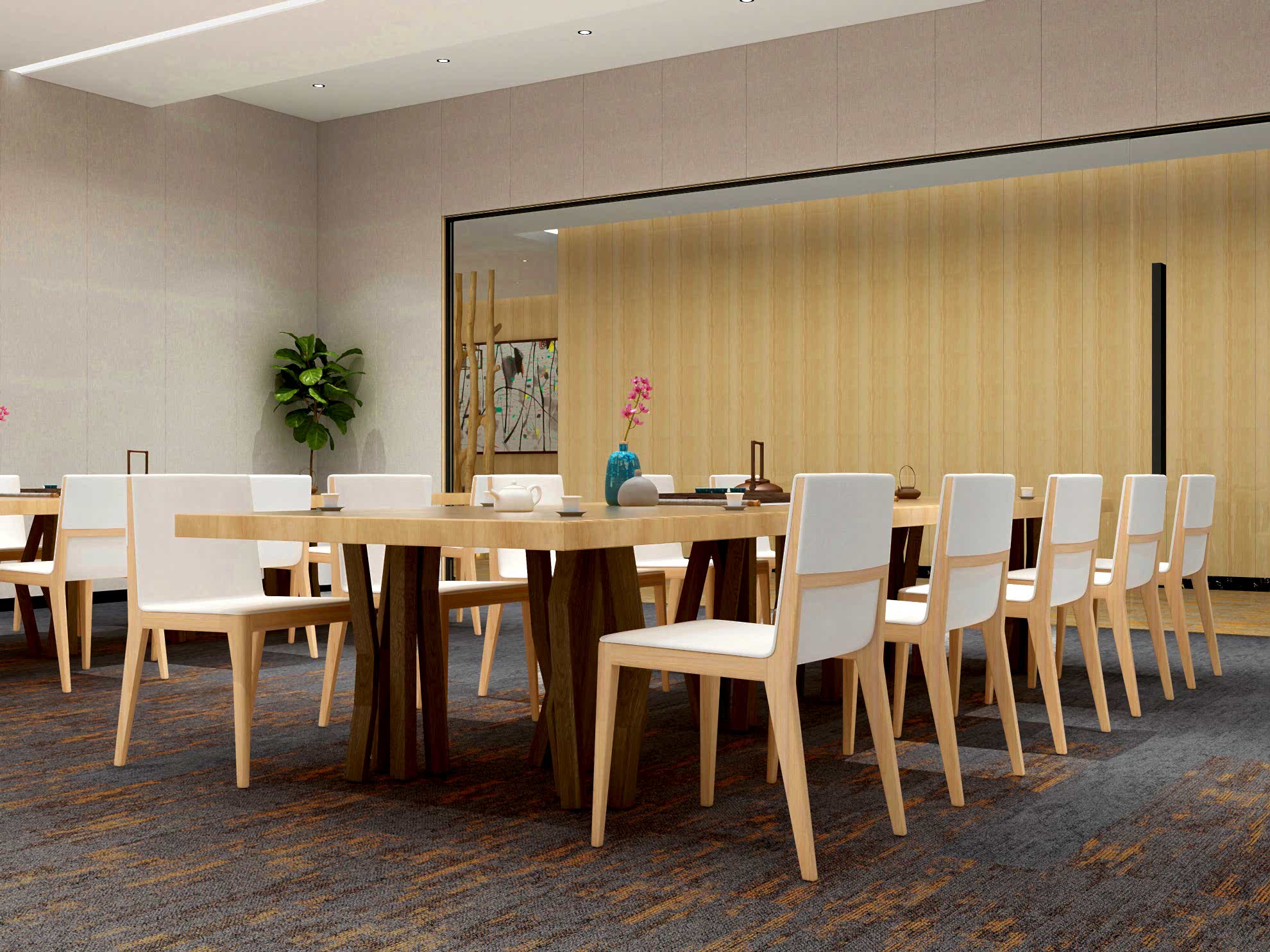 Gri üzerine turuncu desenli karo halı Newton 104 özellikle doğal ahşap ve bej tonlarıyla uyumludur.