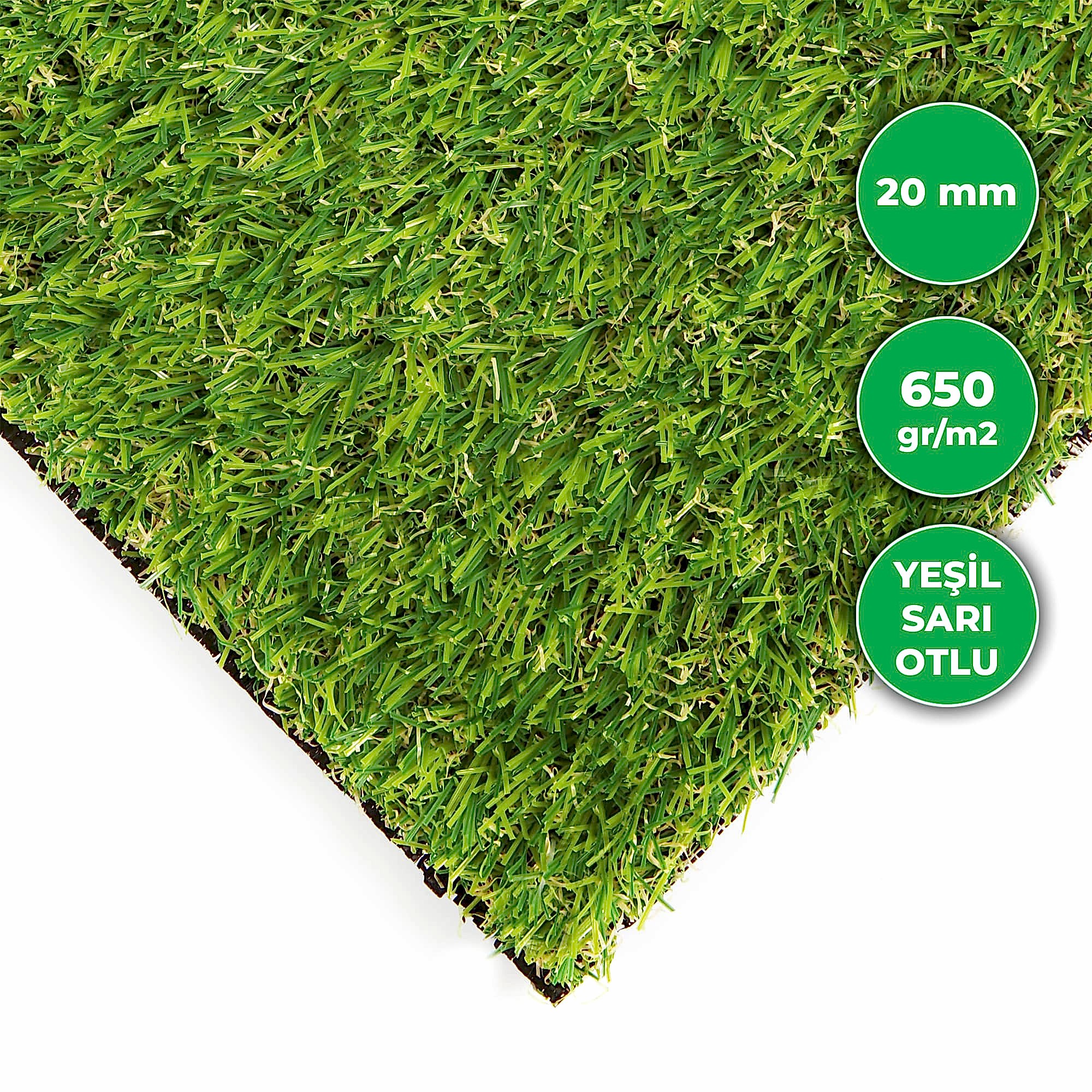 Gerçekçi yapay çim halı sarı otlu ve 20 mm kalınlığında.