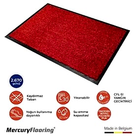 Kırmızı kapı önü paspas, kaymaz taban ve nem alıcı özelliğiyle güvenli kullanım.