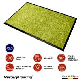 Kaymaz tabanlı yeşil paspas, nem ve toz alıcı özelliğiyle kapı önü için ideal